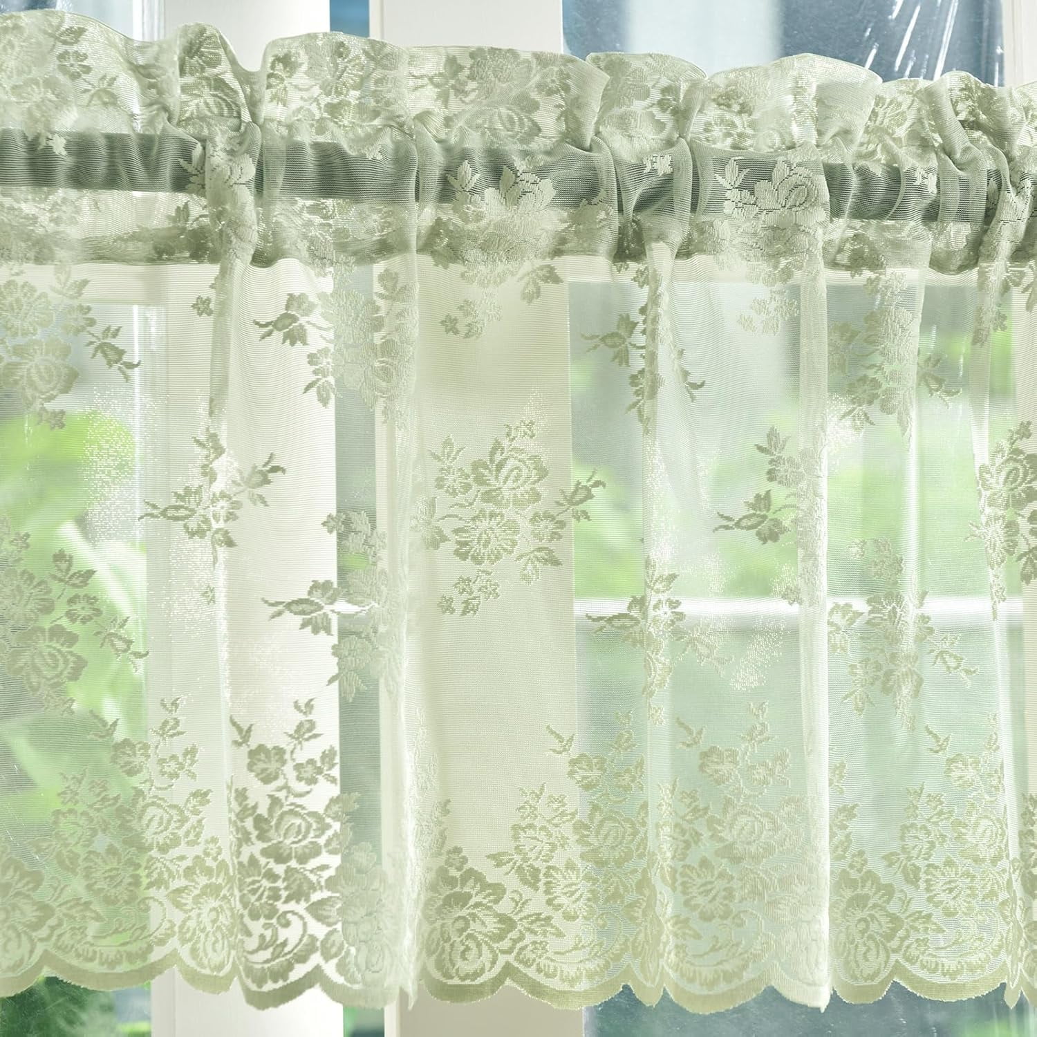 Kotile Pink Sheer Valance for Windows, Country Rustic Floral Short Lace