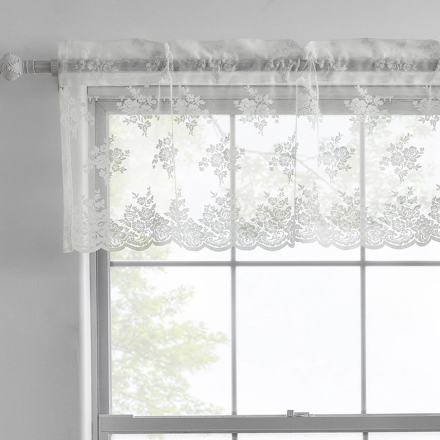 Kotile Pink Sheer Valance for Windows, Country Rustic Floral Short Lace