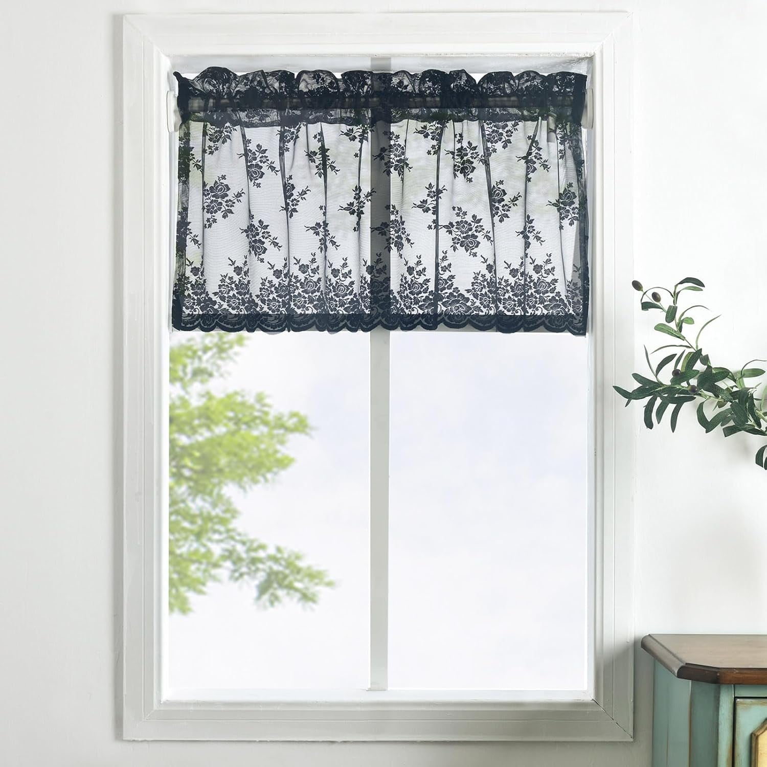 Kotile Pink Sheer Valance for Windows, Country Rustic Floral Short Lace