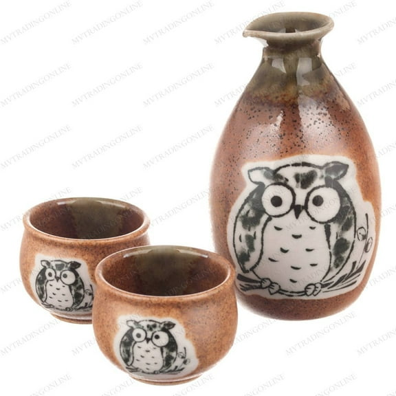 Kotobuki 120-548 Japanese Sake Set with 2 Cups (Brown/Oribe OWL)