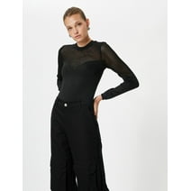 Koton Knitwear Sweater Crew Neck Mesh Detailed Long Sleeve, EU XS Size in Black for Women