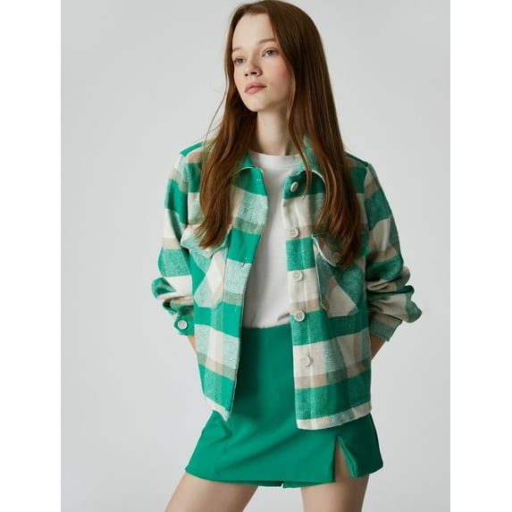 Koton Lumberjack Shirt Jacket Long Sleeve Buttoned Pocket Detailed, Lightweight, Fashion EU 40 Size in Green for Women