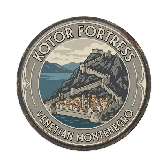 Kotor Fortress Venetian Montenegro Bay Vintage Metal Tin Sign Plaque Wall Decor for Cafe, Club, Garden Round Metal Poster 8x8Inch