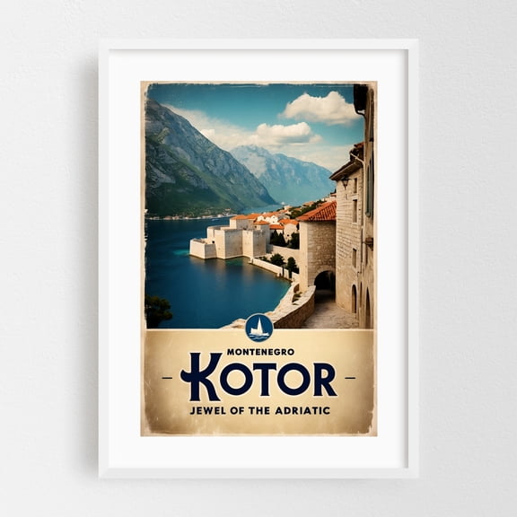 Kotor Travel Poster – Adriatic Coastal Illustration - Kotor Kotor Municipality Montenegro Illustration Travel Poster Vintage Poster Scenic Coastal Nautical White Framed Wall Art Print 20 x 30 inches