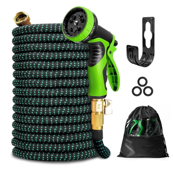 Kotto 150 ft Flexible Garden Hose, Water Hose for Outside with 10 Spray Nozzles, Brass Connector, Leak-Proof, Green