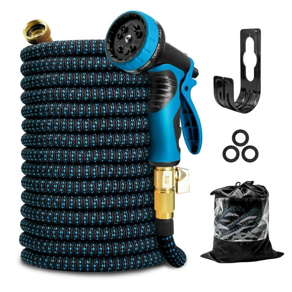 MANGOBOB Expandable Garden Hose, Water Hose, 10 Spray Nozzles, Leak-Proof Design, Blue, 75 ft
