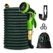 Kotto 100 ft Flexible Garden Hose, Water Hose for Outside with 10 Spray Nozzles, Brass Connector, Leak-Proof, Green