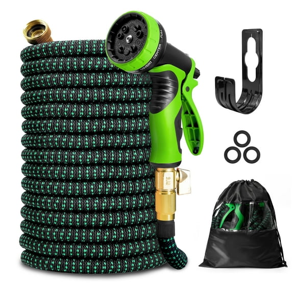 Kotto Expandable Garden Hose, Water Hose, 10 Spray Nozzles, Leak-Proof Design, Green,100 ft