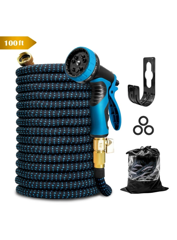 Kotto Expandable Garden Hose, Water Hose for Outside with 10 Spray Nozzles, Hose Holder, Multi-Purpose Anti-Rust Solid Brass Connector, Leak-Proof Design, Blue, 100 ft