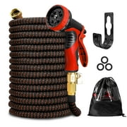 Kotto 100 ft Flexible Garden Hose, Water Hose for Outside with 10 Spray Nozzles, Brass Connector, Leak-Proof, Red