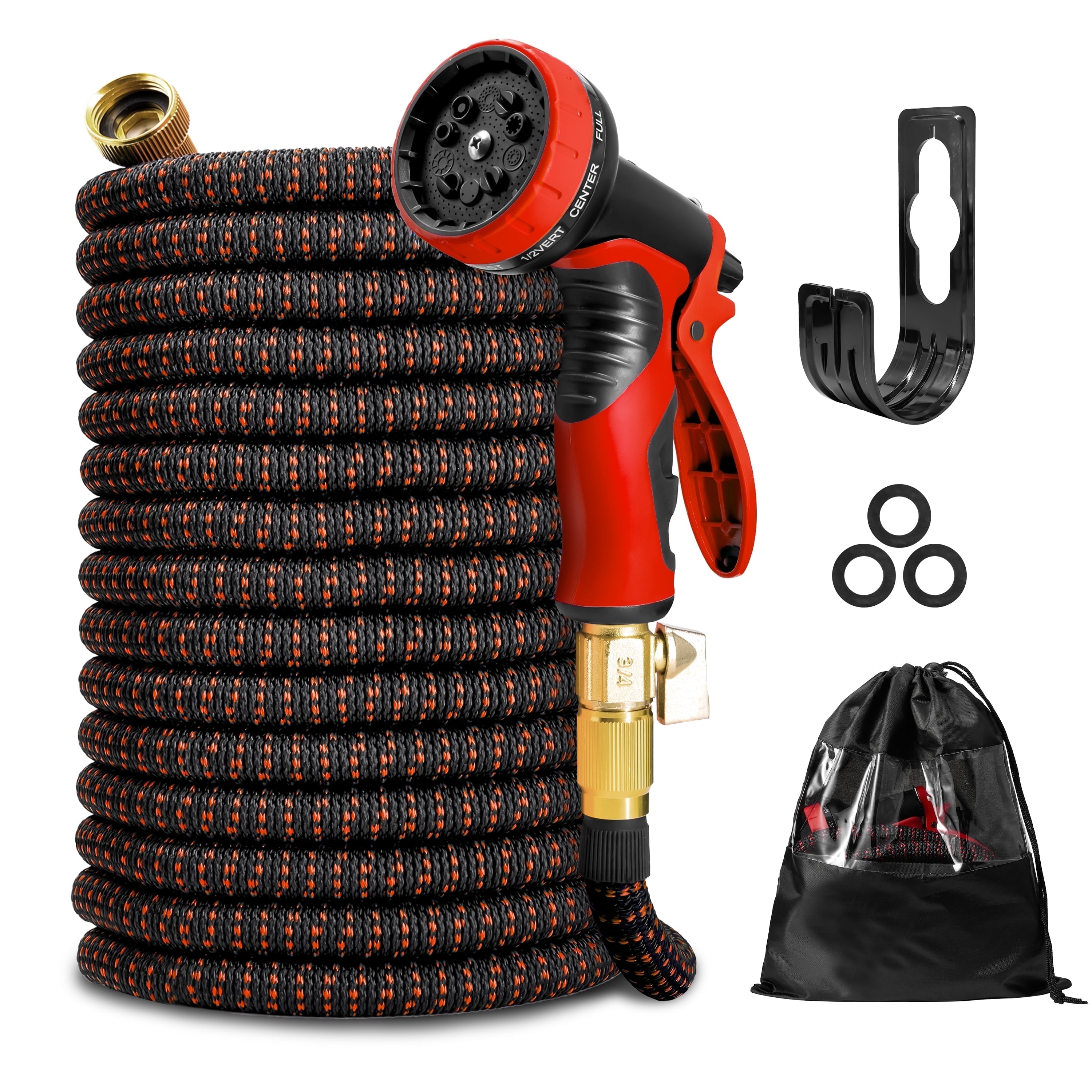 Kotto 50 ft Flexible Garden Hose, Water Hose for Outside with 10 Spray Nozzles, Brass Connector, Leak-Proof, Red