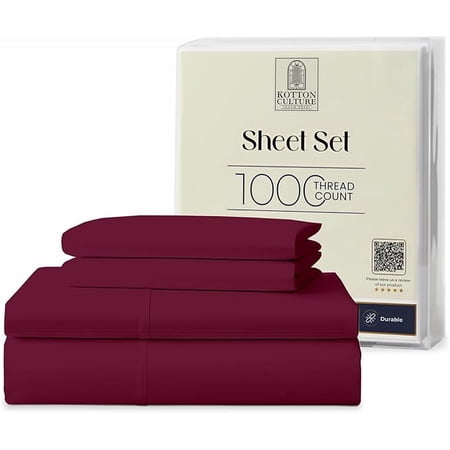 Kotton Culture 1000 TC Egyptian Cotton Twin Size 16" Deep Bed Sheet Set Burgundy Color