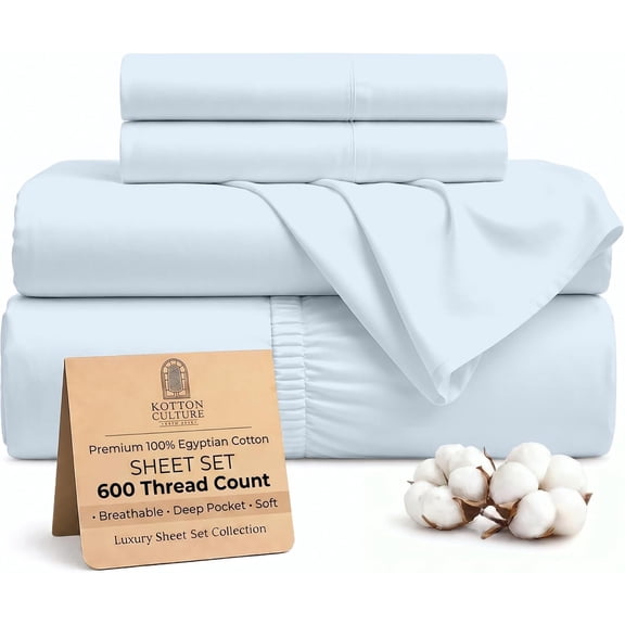 Kotton Culture 600 TC 4 Pc Sheet Set - 100% Egyptian Cotton 1 Flat sheet 1 Fitted sheet and 2 Pilowcases, 16' Deep Pocket (Light Blue,Twin)