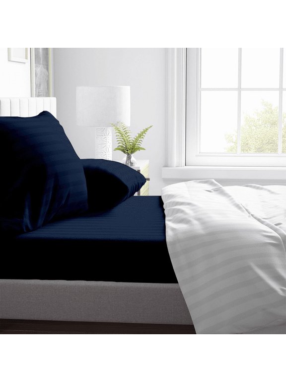 600 TC 4 Pc Striped Bed Sheet Set 100% Egyptian Cotton (1 Flat Sheet, Fitted Sheet with 16 inch Deep Pocket,2 Pillowcases) Pinstripe Patterned Bedding (Twin, Navy Blue)