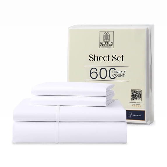 Kotton Culture Bed Sheets 4 Piece 100% Egyptian Cotton 600 TC Soft Crisp Cooling Cotton Luxury Hotel Sheets with 16" Inch Deep Pocket Snug Fit Sateen Weave(White,Full XL)