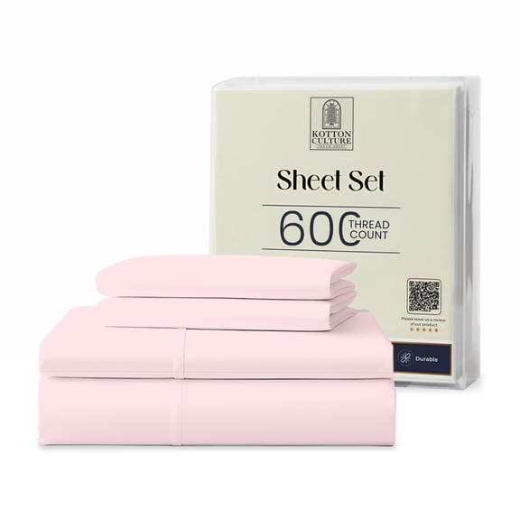 Kotton Culture Bed Sheets 4 Piece 100% Egyptian Cotton 600 TC Soft Crisp Cooling Cotton Luxury Hotel Sheets with 16" Inch Deep Pocket Snug Fit Sateen Weave(Pink Blush,Full XL)