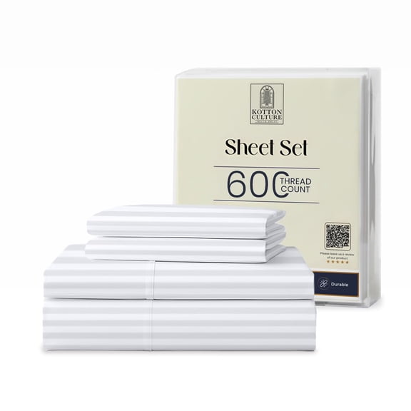 Kotton Culture Striped Cotton Sheets 4 Piece 100% Egyptian Cotton 600 TC Soft Bedding Luxury Hotel Sheets with 16" Deep Pocket Snug Fit Smooth Sateen Weave (White, King)