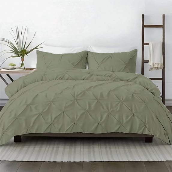 Kotton Culture 600TC 3Pc Pinch Pleated Duvet Cover Set 100% Egyptian Cotton (Moss, Twin)