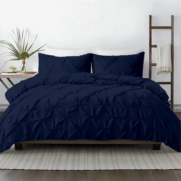 Kotton Culture 600TC 3Pc Pinch Pleated Duvet Cover Set 100% Egyptian Cotton (Navy Blue, Twin)