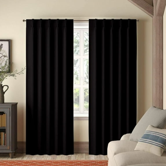 Kotton Culture Blackout Curtain Pinch Pleated Drapes for Living Room Thermal Insulated Room Darkening Patio Door Window Curtains with Tiebacks & Hooks W(21"+21") L108 (2 Panels Combined, Black)
