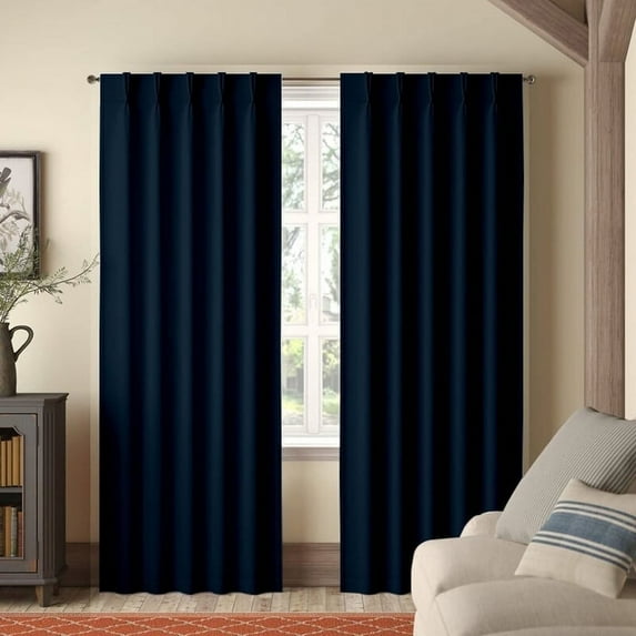 Kotton Culture Double Pinch Pleat Semi Blackout Curtains Thermal Insulated Room Darkening Window Treatment Panels for Living Room, Patio Door, Bedroom W(26"+26") L120 (2 Panels, Navy Blue)