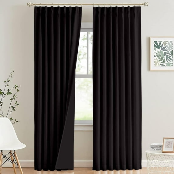 Kotton Culture Double Pinch Pleated Curtains with Tiebacks & Hooks 100% Blackout Thermal Insulated Room Darkening Window Curtains for Dining Room, Bedroom, Office (1 Panel, 52x72, Black)
