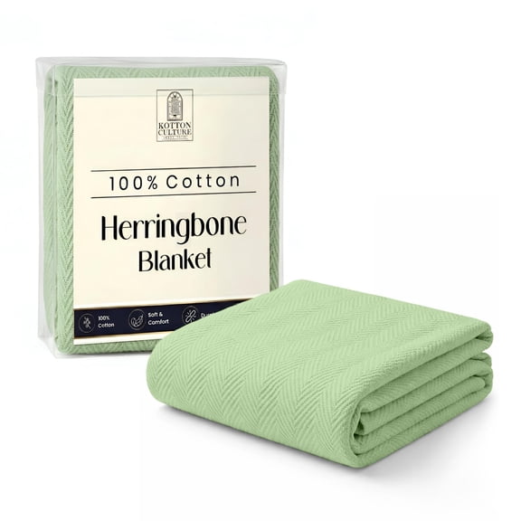 Kotton Culture Luxury Cotton Blanket for King Size - Breathable Herringbone Blanket, All Seasons Bed Layering,350 GSM Cozy Soft Thermal Bed Blanket fits California King Bed,106"x92"-Sage Green
