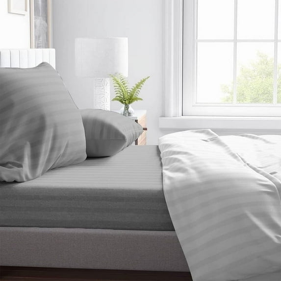 Kotton Culture Striped Cotton Sheets Twin Size 4 Piece 100% Egyptian Cotton 600 Thread Count Soft Organically Grown Luxury Hotel Sheets with Deep Pocket Smooth Sateen Weave (Silver)