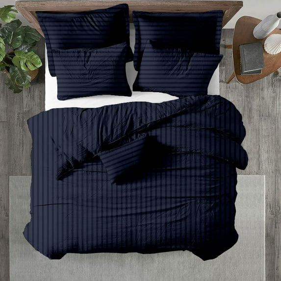 Kotton Culture Striped Queen Duvet Cover 3 Piece 100% Egyptian Cotton with Zipper & Corner Ties Breathable All Season 600 Thread Count Soft Sateen Weave Comforter Cover (Queen/Full, Navy Blue)