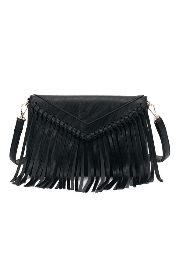 Leather Envelope Fringe Shoulder Bag Tassel Crossbody Handbag Women's Purse (Black)