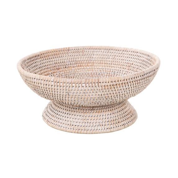 Kouboo La Joll Rattan Fruit Bowl, Large, Decorative Pedestal Fruit Bowl, Handmade Rustic High Stand Fruit Bowls For Kitchen, Dinning Table, White Wash