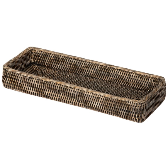Kouboo La Jolla Elongated Rattan Vanity Tray Wicker Storage For Paper, Hand Towel Bathroom Vanity Organizer Countertop, Black Wash