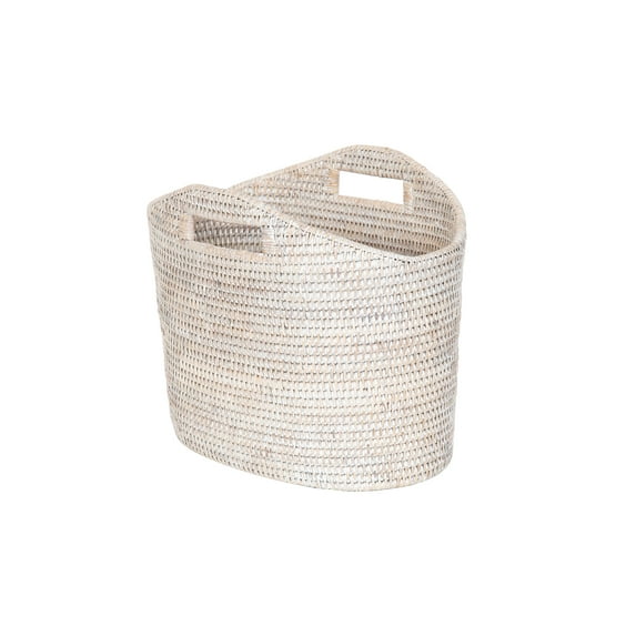 Kouboo La Jolla Oval Rattan Magazine Rack, Storage Works Hand-Woven, Basket for Bathroom, Organizer, Farmhouse Book Basket, White Wash