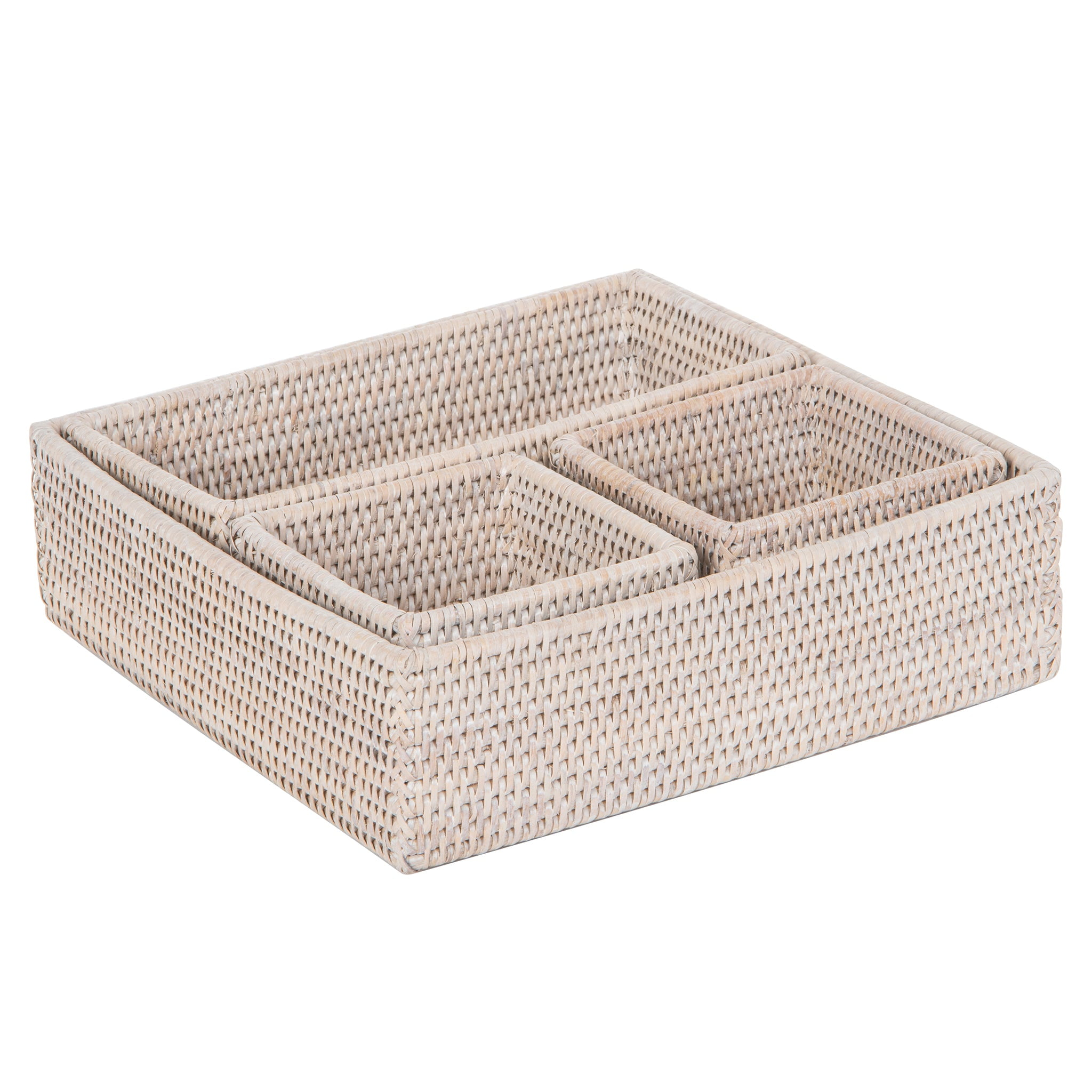 White Wash Rattan 4-Piece Nesting Tray Organizer Set