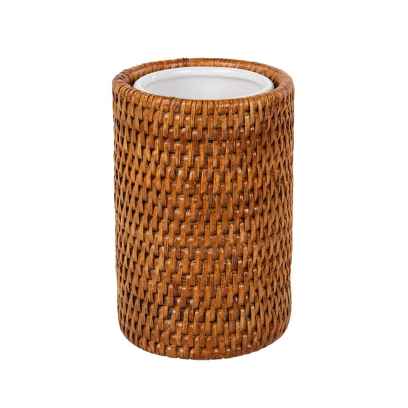 Kouboo La Jolla Rattan Bathroom Tumbler And Toothbrush Holder, Tooth Brushing and Toothpaste Storage Organizer for Sink, Honey Brown