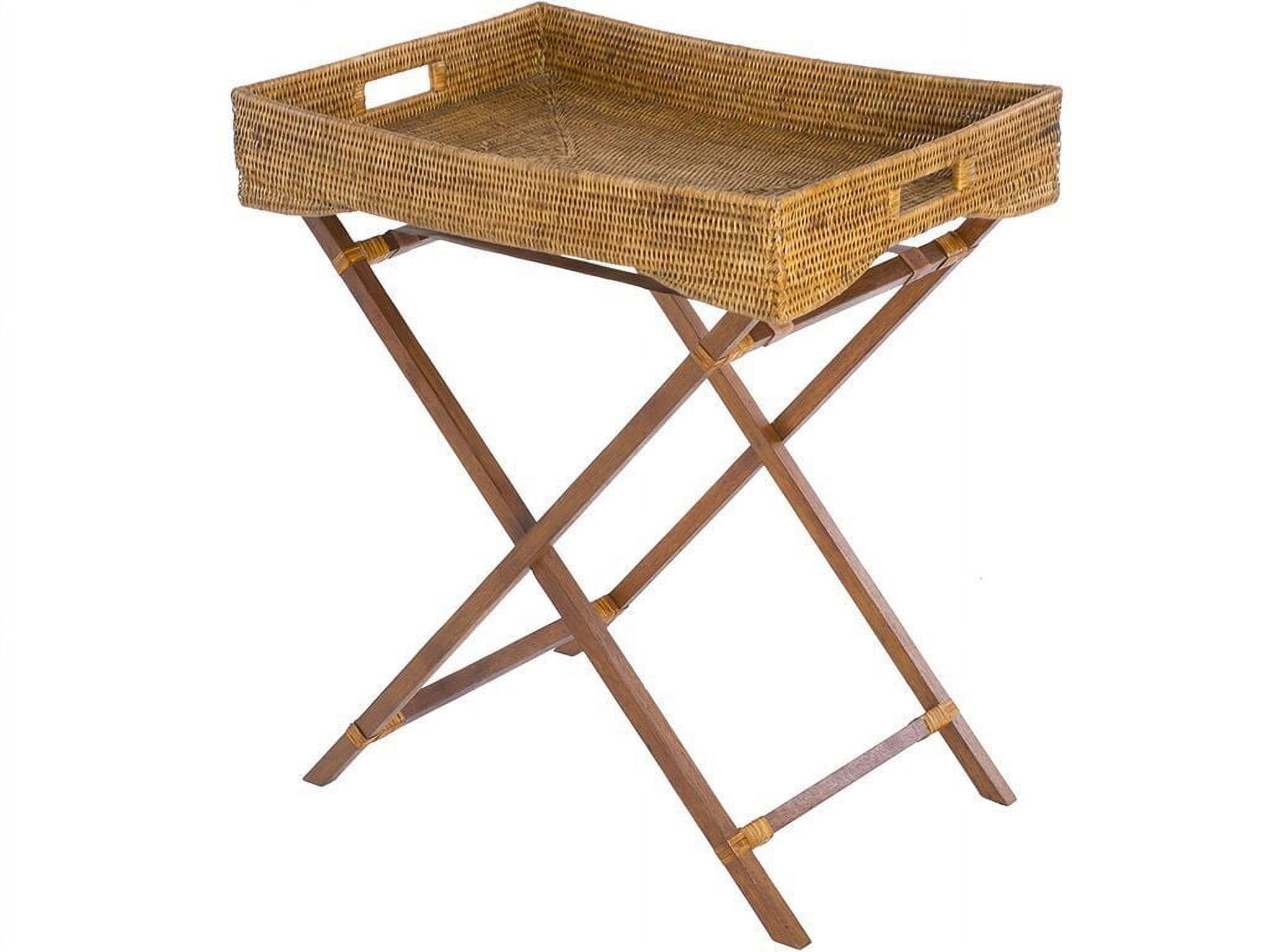Honey Brown Rattan Butler Tray with Folding Teak Stand