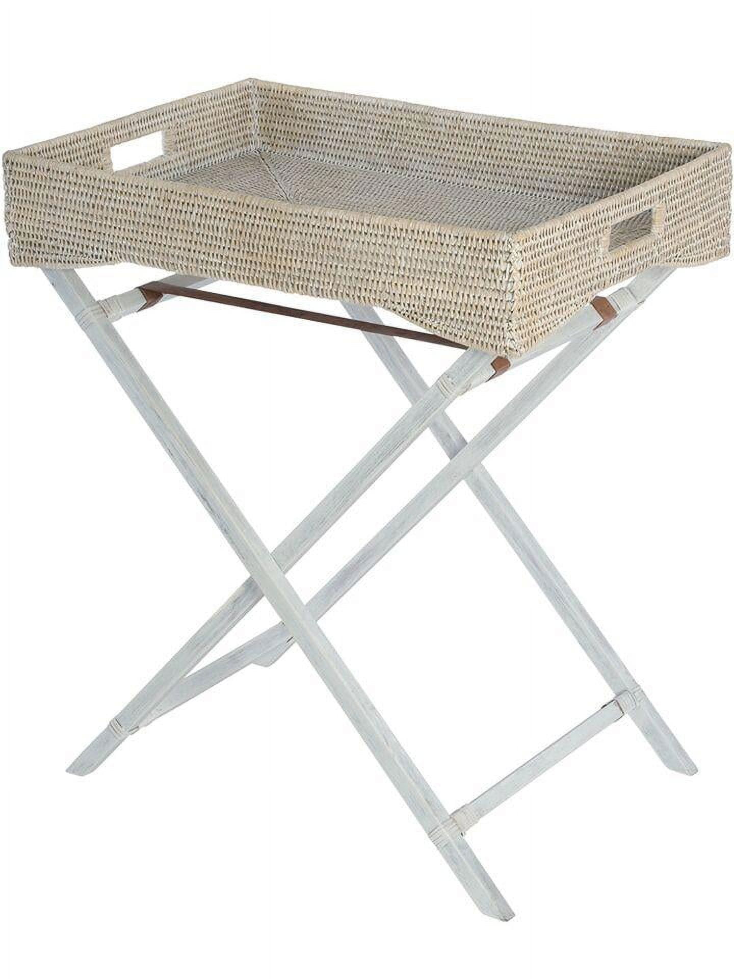 White Wash Rattan Butler Tray with Teak Wood Foldable Stand