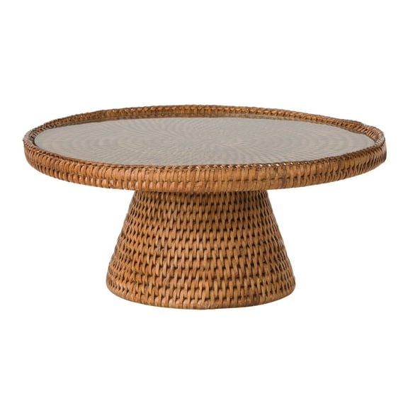 Kouboo La Jolla Rattan Cake stand with Glass Top, Wood Cake Stand, Dessert Display, Decorative Kitchen Server, Multi-Purpose Use, Honey-Brown