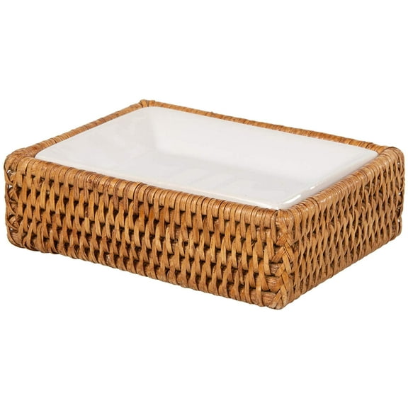Kouboo La Jolla Rattan Rectangular Soap Dish, Draining Soap Dishes for Bathroom Shower Kitchen, Easy to Clean, Keep Soap Dry, Honey Brown
