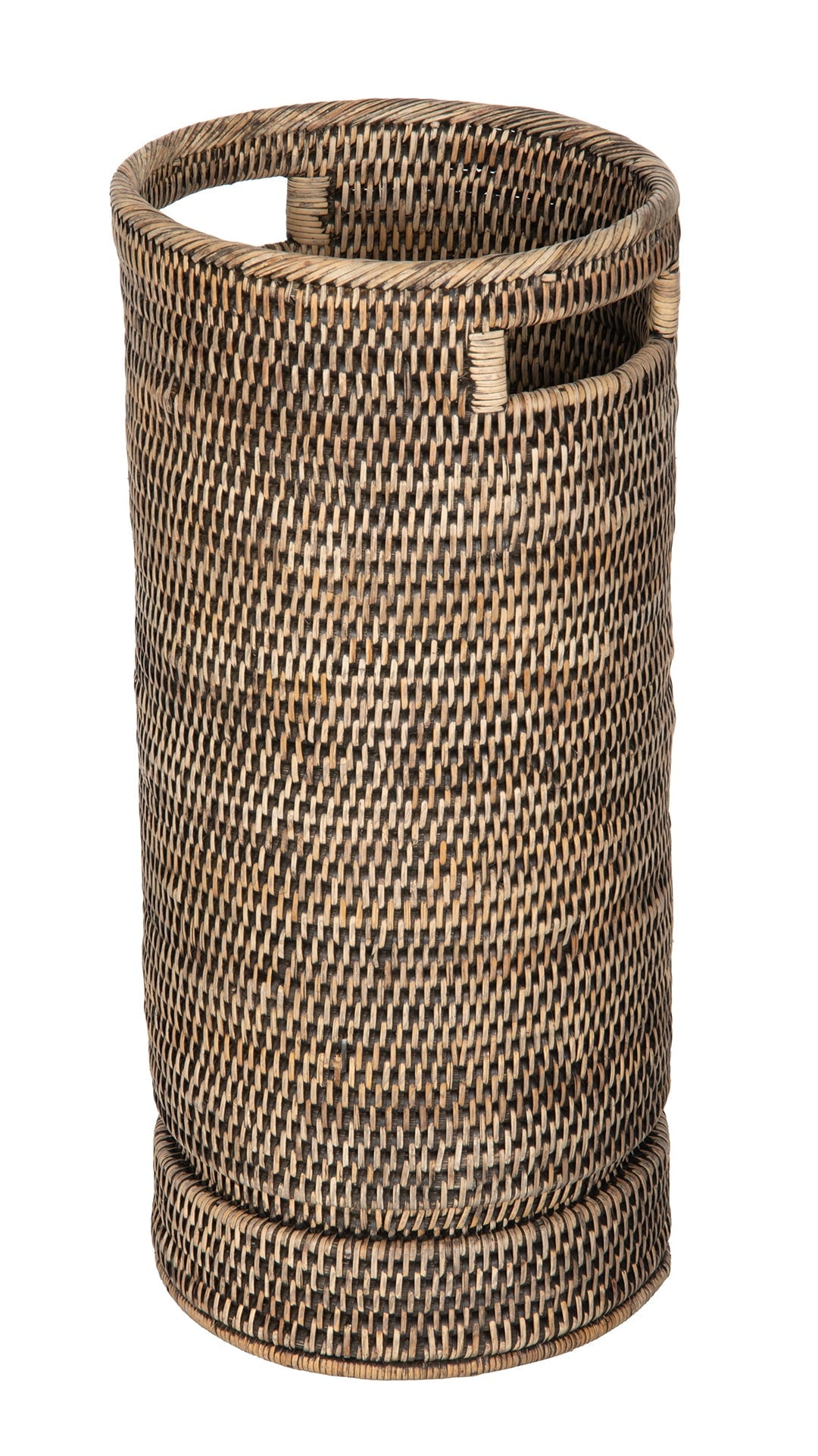 Handwoven Black-Wash Rattan Round Umbrella Holder with Tin Catch