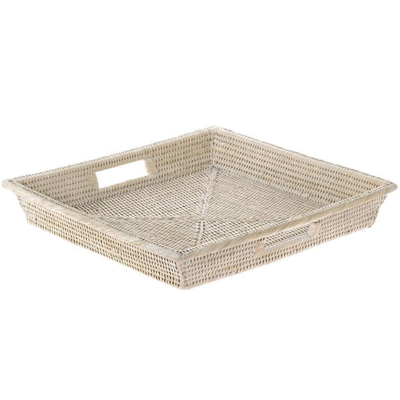 Kouboo La Jolla Rattan Square Serving Tray, Vintage Storage Basket Bin For Bathroom, Kitchen, Countertop Table Shelf, White Wash