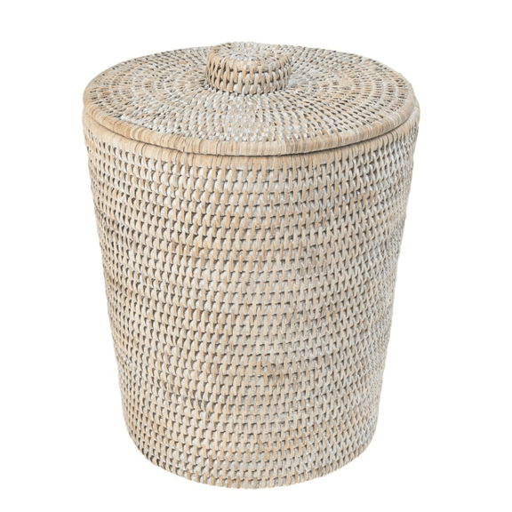 Kouboo La Jolla Rattan Wastebasket Round Plastic Insert & Lid, Waste Basket For Bedroom, Living Room, And Bathroom, Small, White Wash