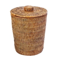 Kouboo La Jolla Rattan Wastebasket Round Plastic Insert & Lid, Waste Basket for Bedroom, Living Room, and Bathroom, Small, Honey Brown