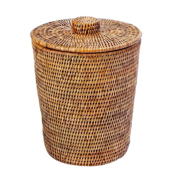 Kouboo La Jolla Rattan Wastebasket Round Plastic Insert & Lid, Waste Basket for Bedroom, Living Room, and Bathroom, Small, Honey Brown