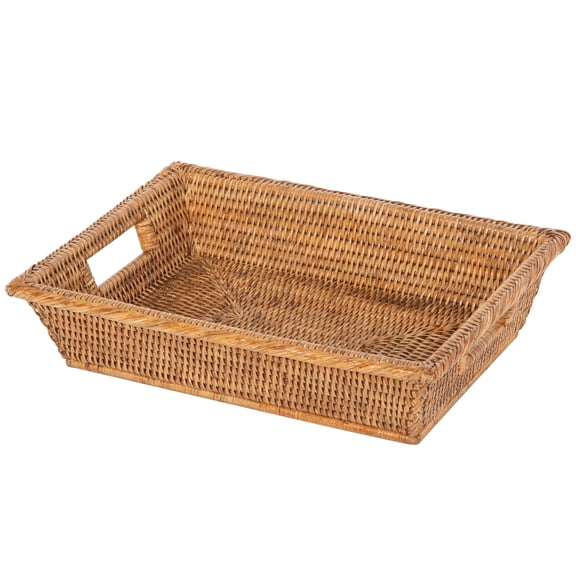 Kouboo La Jolla Rectangular Multipurpose Shelf and Storage Bucket, Natural Wicker Basket With Wooden Handles, Honey Brown