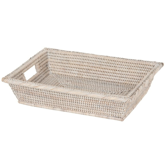 Kouboo La Jolla Rectangular Multipurpose Shelf and Storage Bucket, Natural Wicker Basket With Wooden Handles, White Wash