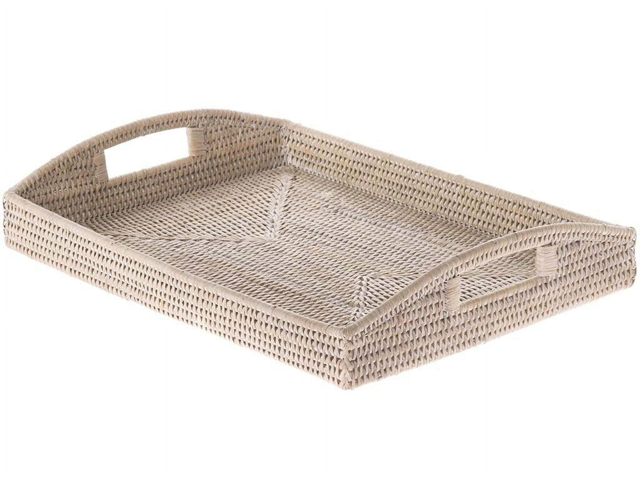 White Wash Rectangular Rattan Serving Tray with Handles
