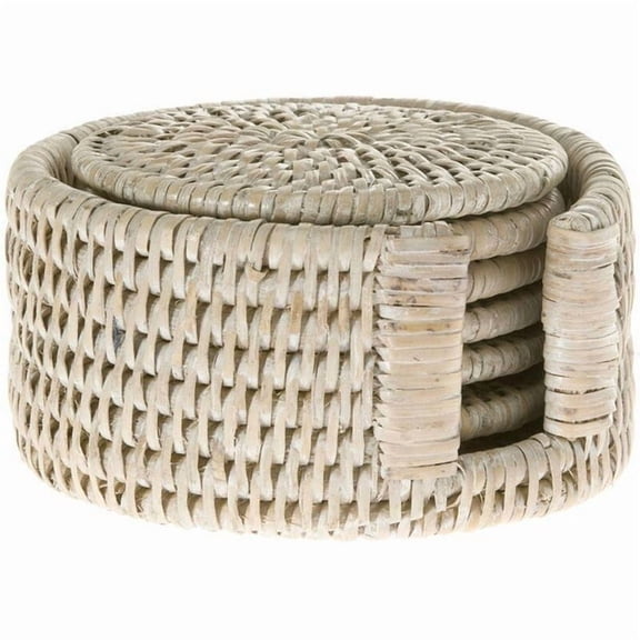 Kouboo La Jolla Round Handmade Rattan Wicker Drink Coasters Sets, Coasters, Cup Base Plates, Kitchen Accessories, Set of 6, White Wash