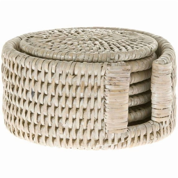 Kouboo La Jolla Round Handmade Rattan Wicker Drink Coasters Sets, Coasters, Cup Base Plates, Kitchen Accessories, Set of 6, White Wash