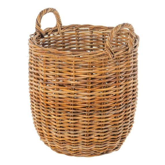 Kouboo Lacak Round Rattan Decorative Storage Basket with Handles - Rustic Nursery Handwoven Plant Basket, Indoor & Outdoor Planter Basket, Home Organizer, Small Size, Gray